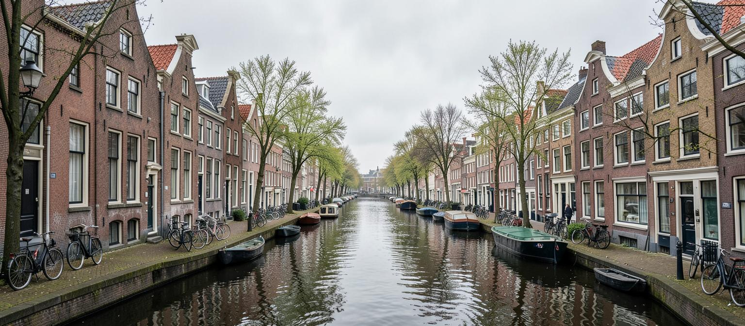 Amsterdam canal lined with gabled brick houses, bicycles and houseboats