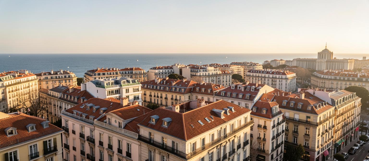 Barcelona apartment rooftops with the Mediterranean sea on the horizon