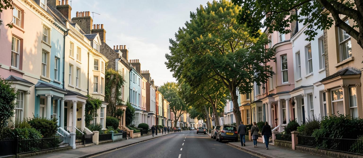 London residential street lined with pastel Victorian terraced houses