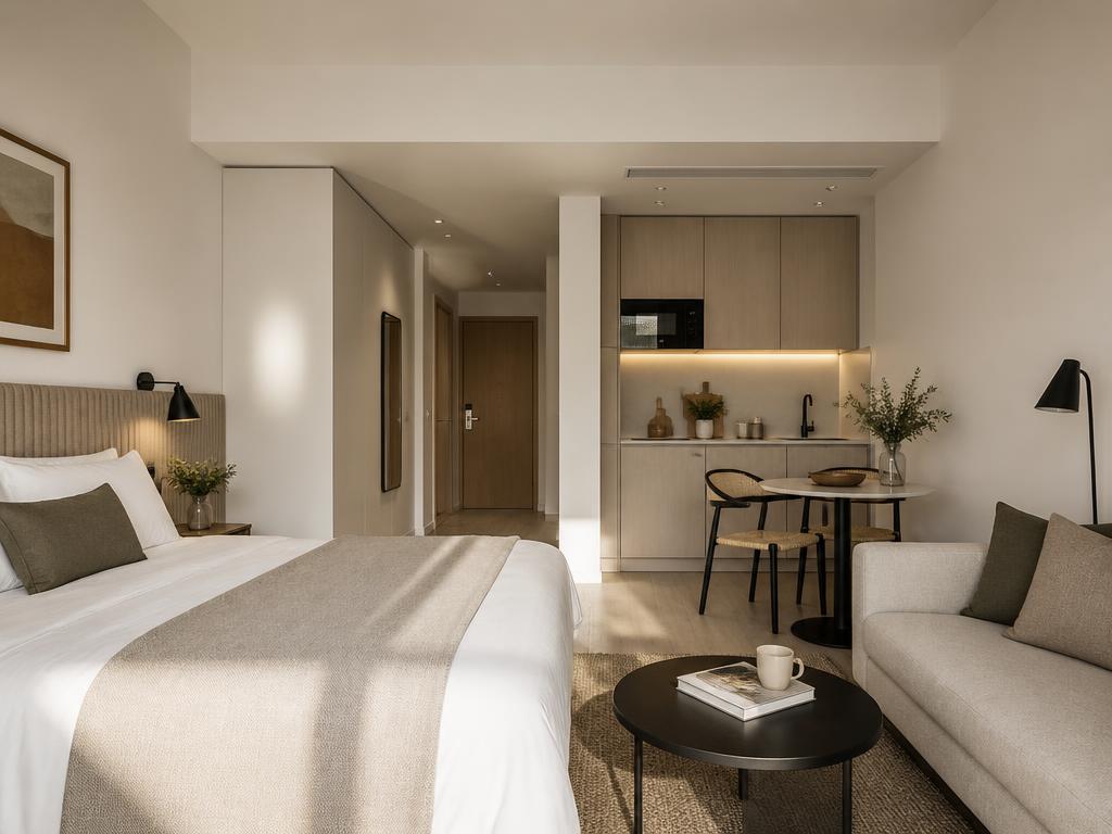 Modern aparthotel bedroom with kitchenette